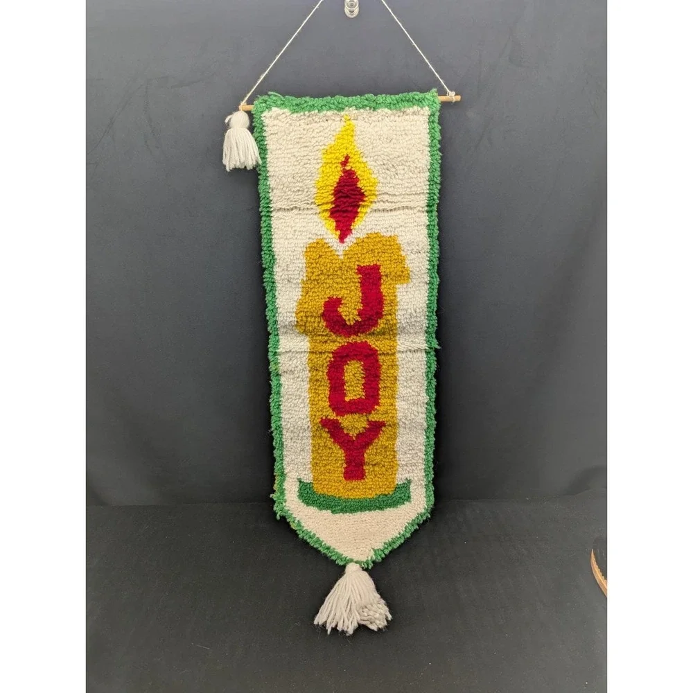 VTG Joy Christmas Candle Wall Hanging Latch Hook Shag Yarn Art 12
